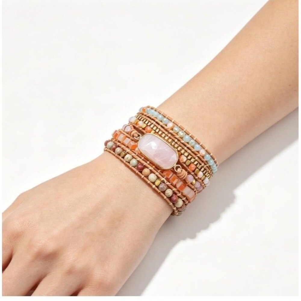 Rose Quartz Wrap Bracelet Boho Leather Cuff Natural Stone Beaded Crystal Multila